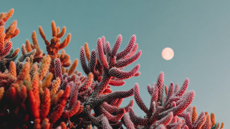 The image features a close-up view of a cactus, showcasing its spiky texture and vibrant coloration. The plant is set against a soft, daytime sky with a visible full moon. The lighting suggests an outdoor environment, providing a natural setting. This image is suitable for various commercial purposes, including website design and editorial content.の素材