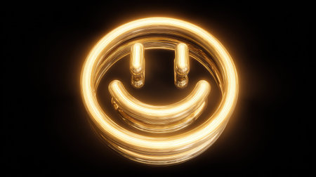 A radiant, neon-style smiley face illuminates against a stark black backdrop. The artwork presents a cheerful, circular design with a bright, warm color palette. Its smooth, glowing lines create a modern and visually appealing aesthetic. This image is suited for various creative projects and could be used for web design and advertising.の素材