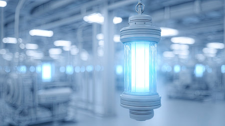 A glowing cylindrical device hangs suspended in a modern, industrial setting. The image displays a cool color palette with prominent blues and whites, emphasizing a clean, technological aesthetic. This visual could be used for illustrating concepts related to innovation, research, or scientific progress. The composition suggests an indoor environment illuminated by overhead lighting.の素材