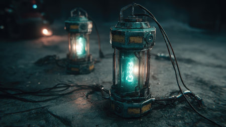 Two cylindrical objects with intricate details are illuminated with a teal glow. Dark, textured surfaces surround the objects, suggesting a technological or industrial environment. The composition focuses on the interplay of light and shadow, with cabling and connectors adding to the conceptual complexity. These elements could be used for science fiction themes or technical presentations.の素材