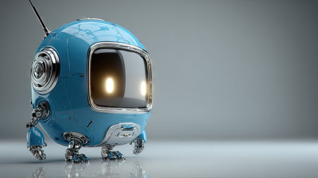 A cartoon robot, rendered in a shiny blue, stands against a soft grey background. The design features a rounded body, a screen-like face, and mechanical legs. Metallic accents enhance the futuristic aesthetic. The lighting creates highlights and shadows, giving it a three-dimensional look suitable for various commercial uses.の素材