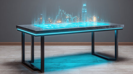 An illuminated table presents a holographic display, possibly depicting data visualizations. The piece features a dark surface with light emitting from the edges and within the central projection. This image captures a technological and innovative concept, likely suitable for editorial content or promotional materials.の素材