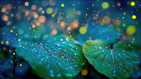 This image showcases detailed green leaves with water droplets, creating a captivating display. Soft bokeh lights in shades of yellow and orange provide a mystical background. The composition features a shallow depth of field, emphasizing the texture and details. Suitable for various design projects, it evokes a natural, serene atmosphere.の素材