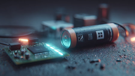 A cylindrical battery rests on a circuit board, accompanied by components and wiring. The scene is illuminated with a cool color palette enhanced by neon lighting. The composition suggests a technological environment, with a shallow depth of field. Suitable for various visual projects and potential commercial applications.の素材