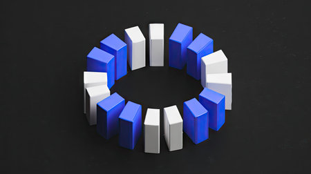 A close-up view presents a circular arrangement of blue and white blocks. The composition features a repeating pattern of colored forms against a dark backdrop. The simple design suggests concepts such as teamwork and unity. Suitable for various design projects, this image offers a clean and modern aesthetic suitable for many commercial uses.の素材