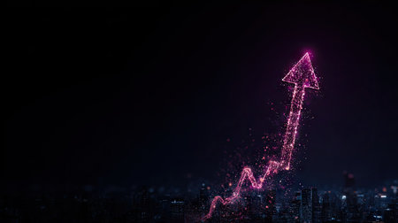An illuminated upward-pointing arrow, constructed from sparkling particles, is the focal point of this image. The arrow suggests growth and momentum. The background is dark, possibly a night scene, with lights that suggest a cityscape. The visual style is modern, lending itself to various commercial and editorial applications.の素材