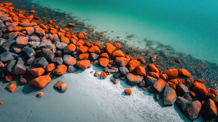 An overhead view reveals a shoreline where vibrant orange rocks meet the aqua-colored ocean. The image showcases natural textures and a gradient of colors, from the bright rocks to the darker, shadowed areas. This composition suggests a coastal environment, suitable for various commercial or editorial applications.の素材