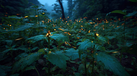 This image presents a nighttime scene with numerous fireflies emitting soft light amidst dense foliage. The color palette is dominated by dark greens and blues, creating a mysterious mood. The lighting accentuates the textured leaves, suggesting a tranquil outdoor environment. Suitable for editorial use or adding a touch of enchantment.の素材