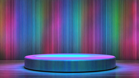 An empty stage is illuminated with a bright, gradient color scheme featuring a circular platform. Vertical stripes in a spectrum of colors create the backdrop. The lighting suggests an indoor setting, suitable for presentations or product showcasing. This visual could be used commercially or editorially to present objects.の素材