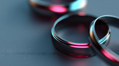 This image showcases three metal rings with reflective surfaces. The rings are arranged on a surface, with a shallow depth of field. The scene is illuminated with a combination of colored lights. This arrangement may be suitable for a range of commercial or editorial applications related to relationships, design, or lifestyle.の素材