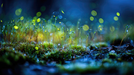 This image showcases a macro view of vibrant green moss illuminated by glowing, out-of-focus lights. The scene features a shallow depth of field, highlighting the texture and details of the flora. The cool-toned backdrop suggests a nighttime setting. Suitable for various creative and illustrative applications.の素材