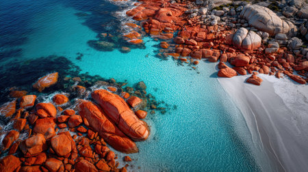 An aerial perspective showcases a coastal scene where turquoise water meets reddish-orange rocks and a sandy shore. The composition highlights the contrasting colors and textures. The image, with its natural lighting and spacious composition, may suit various commercial and editorial applications.の素材