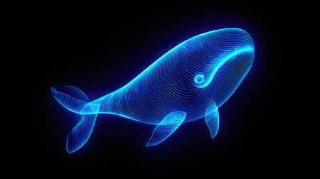 A digital illustration displays a radiant blue whale rendered as a hologram, set against a stark black backdrop. The artwork showcases detailed lines forming the whale's form, emphasizing its silhouette and texture. This image could serve various purposes, including educational materials and artistic designs.の素材