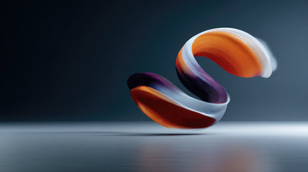 An abstract graphic features a swirling shape with gradients of orange, white, and purple. The composition is set against a dark background, with a reflective surface adding depth. The image could be suitable for various design projects, marketing materials, or visual concepts.の素材
