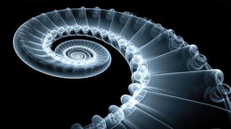 An ethereal spiral structure is depicted against a stark black backdrop. The image features a cool color palette of blues and whites, suggesting a translucent material with light passing through. The composition emphasizes the elegant curves of the spiral. Suitable for illustrating concepts related to design or science.の素材
