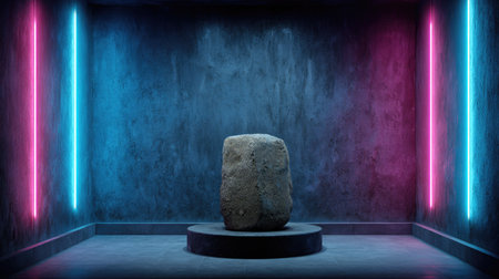 A stone sculpture is centered on a dark pedestal against a textured wall. The composition is enhanced by vertical neon light strips in pink and blue. The scene has a dramatic, studio-like lighting. This image could be suitable for promotional materials, art projects, and conceptual design visuals.の素材
