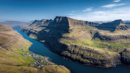 An aerial perspective captures a mountainous region with a vibrant blue river snaking through valleys. The image showcases rugged peaks with varied green and brown textures, bathed in bright sunlight. The composition emphasizes depth and scale, suitable for travel or environmental themes, providing compelling imagery for multiple uses.の素材