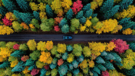 An overhead perspective reveals a road traversing a vibrant forest. The image showcases trees in a variety of colors, including green, yellow, and red. The textures of the foliage and the asphalt road create a contrasting visual experience, potentially suitable for travel or environmental themes.の素材