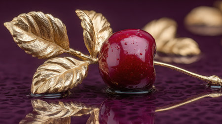 A close-up shot features a single ripe cherry paired with golden leaves against a textured purple background. The lighting highlights the cherry's glossy surface and the metallic sheen of the leaves. This image suggests a luxurious or artistic presentation and is suitable for various commercial and design projects.の素材