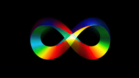 An illustration depicts a vibrant infinity symbol composed of a spectrum of colors. The dynamic design contrasts against a dark backdrop. Its smooth gradient effect is visually appealing, highlighting the shape. This image may be utilized in various projects for visual communication and artistic design purposes.の素材