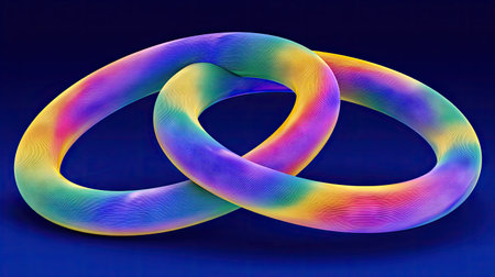 Two interconnected rings display a vibrant rainbow color gradient. The image features a smooth, digital rendering with soft lighting against a dark blue backdrop. The abstract design could be suitable for visual concepts related to connection, unity, or design elements, and may be used in various commercial applications.の素材