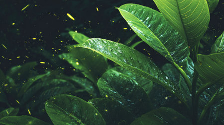 This image presents a close-up of lush green leaves with a scattering of glowing fireflies. The scene features detailed textures and rich, dark tones, suggesting a night setting. The composition emphasizes natural beauty, potentially suitable for editorial content or commercial applications related to nature and environments.の素材