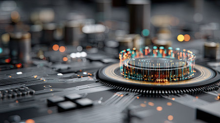A detailed image showcases a circuit board with a central processing unit. The composition highlights the intricate details with a shallow depth of field. Warm and cool colors are used throughout, creating a futuristic aesthetic. This image is suitable for technology, science, or conceptual illustrations.の素材