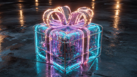 A digital rendering presents a gift box illuminated with neon lights. The box and its ribbon display vibrant hues of blue and pink against a dark backdrop. The composition features a reflective surface, enhancing the visual depth. This image can be suitable for use in promotional materials or creative projects.の素材