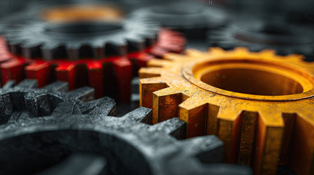 This image presents a detailed view of interlocking gears in various colors, creating a sense of mechanical precision. The composition showcases a shallow depth of field, highlighting textures and metallic surfaces. It can be used for projects related to technology, industry, and engineering. The image suggests concepts of teamwork and process.の素材