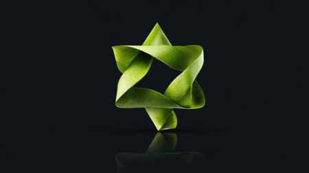 A visually striking abstract design features a star shape crafted from green, ribbon-like elements. The image displays a smooth, reflective surface against a dark backdrop. The composition is simple, emphasizing the form and texture. This image could be used for various commercial or editorial projects, including marketing materials and web design.の素材