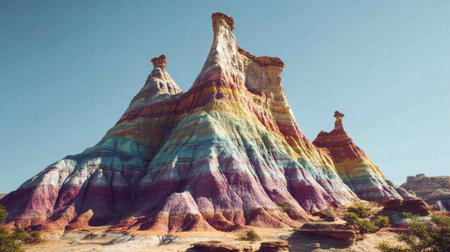 The image features striking, layered rock formations displaying a range of vibrant colors including red, purple, and yellow. The composition is set against a bright, clear blue sky, suggesting an outdoor environment. The textures and lighting contribute to a visually appealing scene, suitable for a variety of commercial and editorial applications.の素材