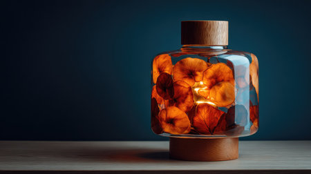 A transparent glass lamp showcases preserved orange flowers, highlighted by warm inner lighting. The design features a wooden base and top, set against a dark blue backdrop. This image captures the texture and illumination, suitable for diverse editorial or commercial applications.の素材