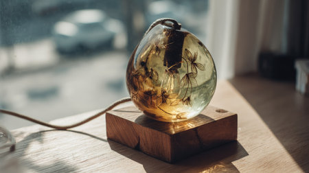 An artistic lamp features embedded floral elements within a transparent enclosure, set upon a wooden base. The warm, diffused lighting highlights the natural textures and forms. The composition is placed on a wooden surface near a window, suggesting an interior setting with natural light, suitable for diverse commercial applications.の素材