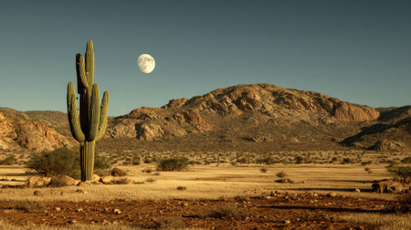 A desert landscape features a tall cactus, rugged mountains, and a full moon suspended in a clear sky. The scene showcases warm, earthy tones with detailed textures. Natural lighting suggests daytime, enhancing the visual contrast. The image is suitable for environmental, travel, or editorial projects.の素材