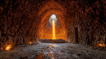 An interior shot showcases a cavern with rough, textured rock formations. The focal point is a bright orange light emanating from a central opening. The composition utilizes low-angle perspective and warm tones, possibly indicating a natural environment. Suitable for various creative and commercial applications.の素材
