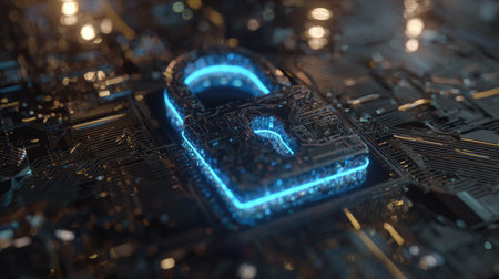 A close-up view presents a digital padlock, illuminated with blue light, positioned atop a circuit board. The image exhibits a dark background with scattered light sources creating a futuristic atmosphere. This imagery lends itself well to concepts related to security and data protection, suitable for various editorial and commercial applications.の素材