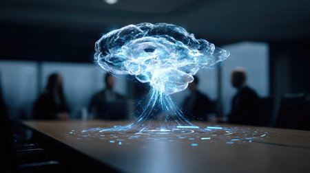 A digital representation of a brain hovers above a conference table, glowing with blue light. The image features a shallow depth of field, with blurred figures in the background. The scene suggests a modern, technology-focused environment, suitable for illustrating concepts of innovation or data analysis. It could be used for editorial or commercial purposes.の素材