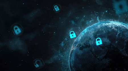 An image displays a globe surrounded by floating padlocks in a dark space. The globe is rendered with a textured surface and glowing accents, and the padlocks are a bright, contrasting color. This digital illustration could be used for articles, advertising, or presentations related to technology and cybersecurity.の素材