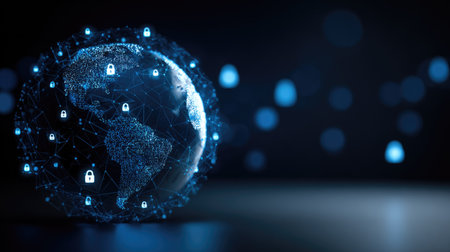 A digital globe, composed of interconnected points of light, is encircled by glowing padlocks. The composition utilizes a dark blue color scheme with bokeh effects, creating a technological and secure atmosphere. It could be used for illustrating topics related to data security, global networks, or digital protection in various commercial or editorial applications.の素材