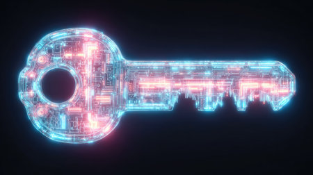 A glowing digital key, rendered with circuit board patterns and neon colors, is featured against a black background. The image showcases a modern, futuristic design with blue and red hues. This illustration could be suitable for various technology, security, or data-related commercial projects.の素材