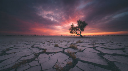 A striking visual captures a dramatic sunset casting vibrant colors across a cracked earth landscape. A lone tree stands in the distance. The composition is wide, showcasing textures and details with a moody atmosphere. This image is suitable for various commercial uses, including artistic prints and environmental themes.の素材