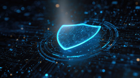 A glowing blue shield dominates the composition, rendered in a futuristic style. The image showcases a network of interconnected lines and circuits against a dark background. The scene suggests a digital environment with elements that could be used for conceptual or commercial applications, representing protection and security.の素材