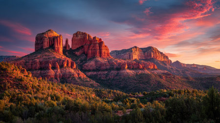 The image showcases a stunning natural landscape featuring majestic rock formations illuminated by the warm light of the setting sun. Vivid colors paint the sky, contrasting with the textured surfaces of the rocks. The composition suggests a remote outdoor setting, suitable for use in various commercial and editorial projects.の素材