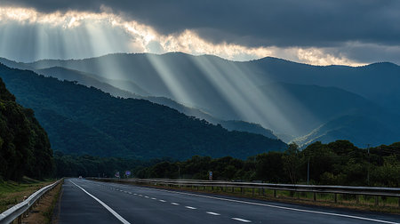 An open road stretches towards distant mountains under a dramatic sky. Sunlight streams through breaks in the clouds, illuminating the landscape. The scene features a muted color palette, showcasing the natural textures of the terrain. Suitable for illustrating travel, nature, or environmental themes.の素材