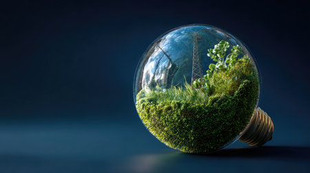 An image showcases a light bulb with a miniature ecosystem inside. Green grass and foliage are visible, alongside a transmission tower reflected in the glass. The composition uses a dark, blurred background and soft lighting, creating a tranquil environment that is suitable for commercial and editorial purposes.の素材