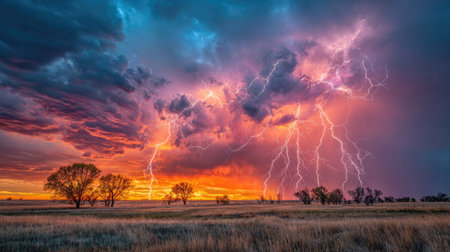 An intense thunderstorm is captured with bolts of lightning striking across the sky during sunset. The image displays a vast open field with trees silhouetted against an orange and purple sky. The lighting highlights the dramatic contrast and could be suitable for various editorial and commercial applications.の素材