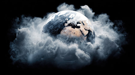 The image features planet Earth encircled by fluffy, white clouds against a stark black background. The globe displays continents with a pale, soft coloring. The digital artwork uses illustrative techniques, and may be suitable for environmental awareness, global issues, or scientific topics in various media applications.の素材