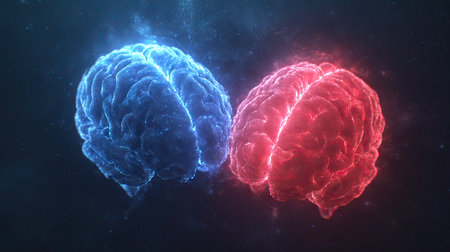 Two luminous brain halves, one blue and one red, float against a dark, abstract background. The visual style features glowing textures with a digital, futuristic aesthetic. The composition suggests advanced technology and the complexities of human cognition. This imagery is suitable for use in scientific, educational, or conceptual projects.の素材