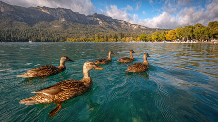 Several ducks are depicted swimming in a body of water, possibly a lake or pond. The birds have brown and tan feathers, while the water reflects the sky's light. Mountains and trees form a backdrop under a cloudy sky. The scene could be utilized for nature articles or promotional materials.の素材
