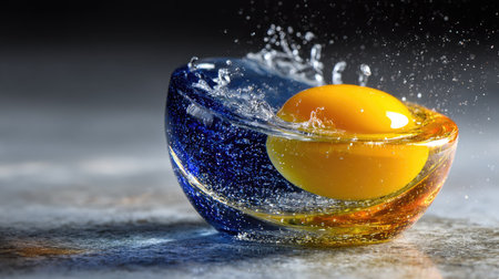 An egg yolk sits in a bowl with water splashing upwards. The bowl has a colorful translucent appearance. The image showcases movement and light, suggesting a studio setting with controlled lighting. This image could be suitable for food-related projects, editorial content, or design purposes.の素材